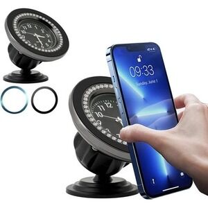 Car Phone Holder Mount with Clock‎ Rhinestone Magnetic Dashboard Cell Stand